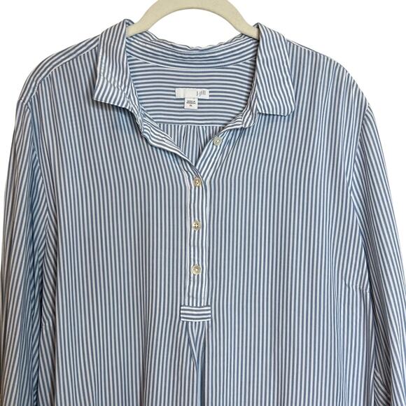 J Jill Womens Coastal Popover Blouse XL Blue White Pinstripe Roll Tab Sleeves - Picture 2 of 8